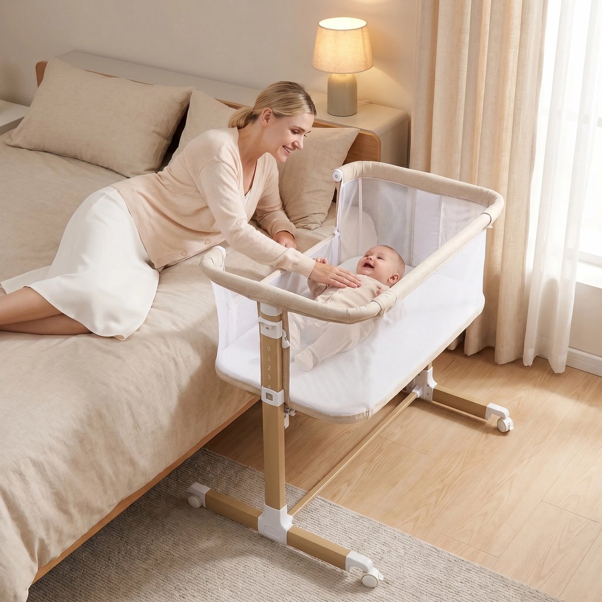 BEBE2LUXE Kelio-wieg : CODODO-babybedje tot 9 kg, in hoogte en hellingshoek verstelbare matras, 4 wieltjes met remmen, beige