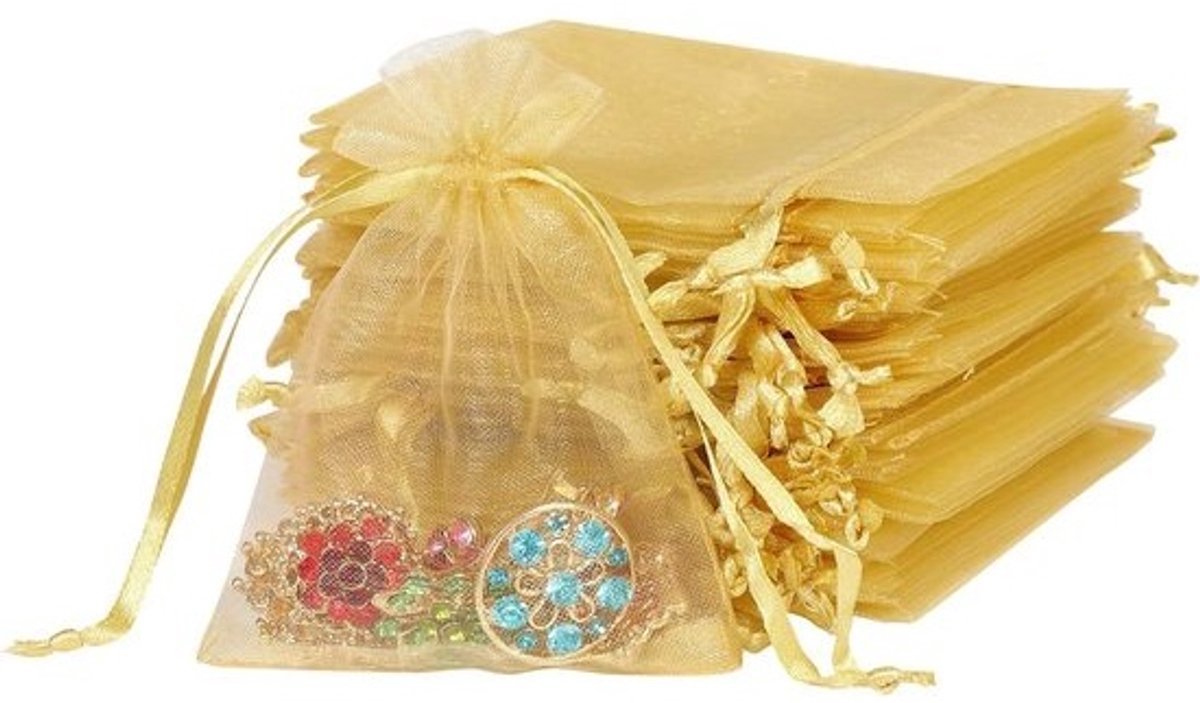 Organza Cadeauzakjes - Feesttasjes Sieraden - Kleine Items Verpakken - Trekkoord Sluiting - 8 x 10 cm - Goud