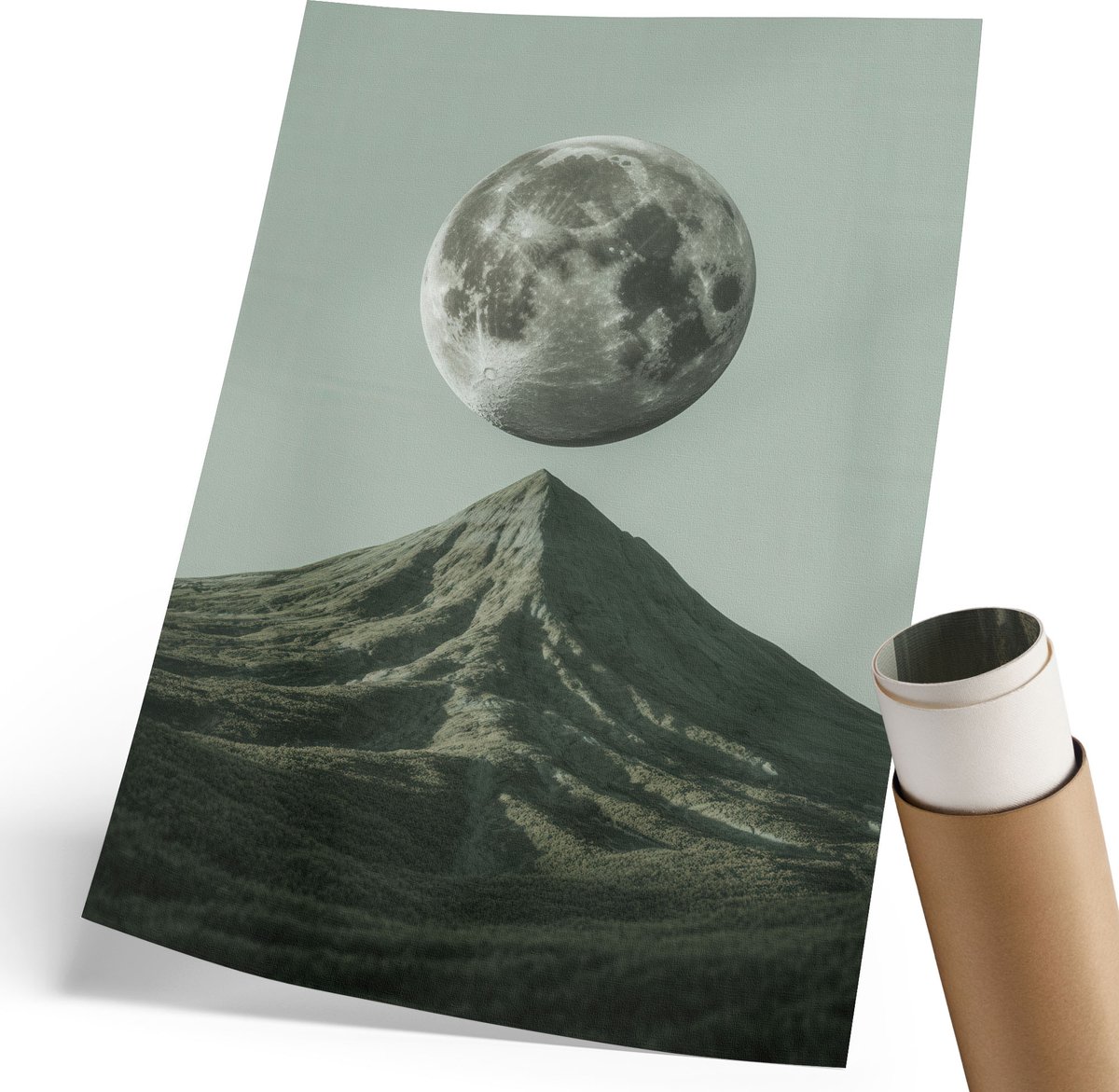 Coloray Polycanvas Poster - De Maan En De Berg, Illustratie - 210 x 297 mm - Grijs Wandposter - Rechthoek - Kunstposter - Woonkamer, Slaapkamer, Kantoor - Modern
