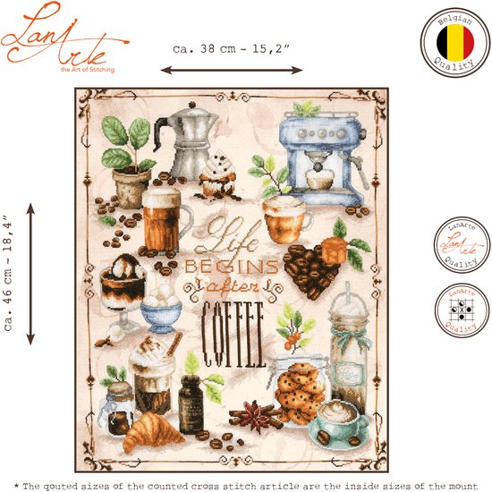 Borduurpatroon met koffie-thema, met koffiezetapparaat, mokken, croissant en de tekst 'Life begins after Coffee'.