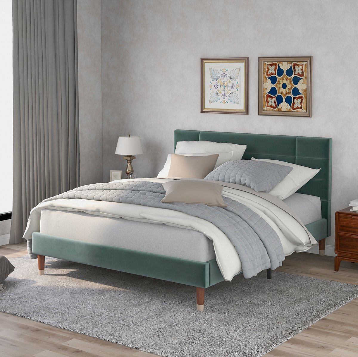 REDOM - Bed - Gepolsterd hoofdbord - Met lattenbodem en opbergruimte onder bed - Moderne stijl - Slaapkamer - Stof, hout en metaal - Groen - 141 x 209 x 101 cm
