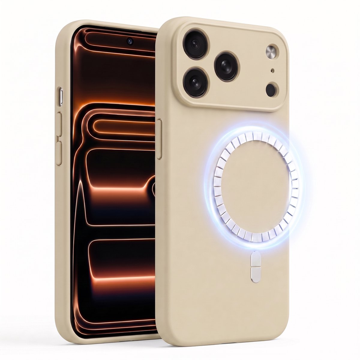 Hoesje geschikt voor Apple iPhone 17 Pro - Hoesje geschikt voor Magsafe - Draadloos opladen - Gehard Glas - Creme