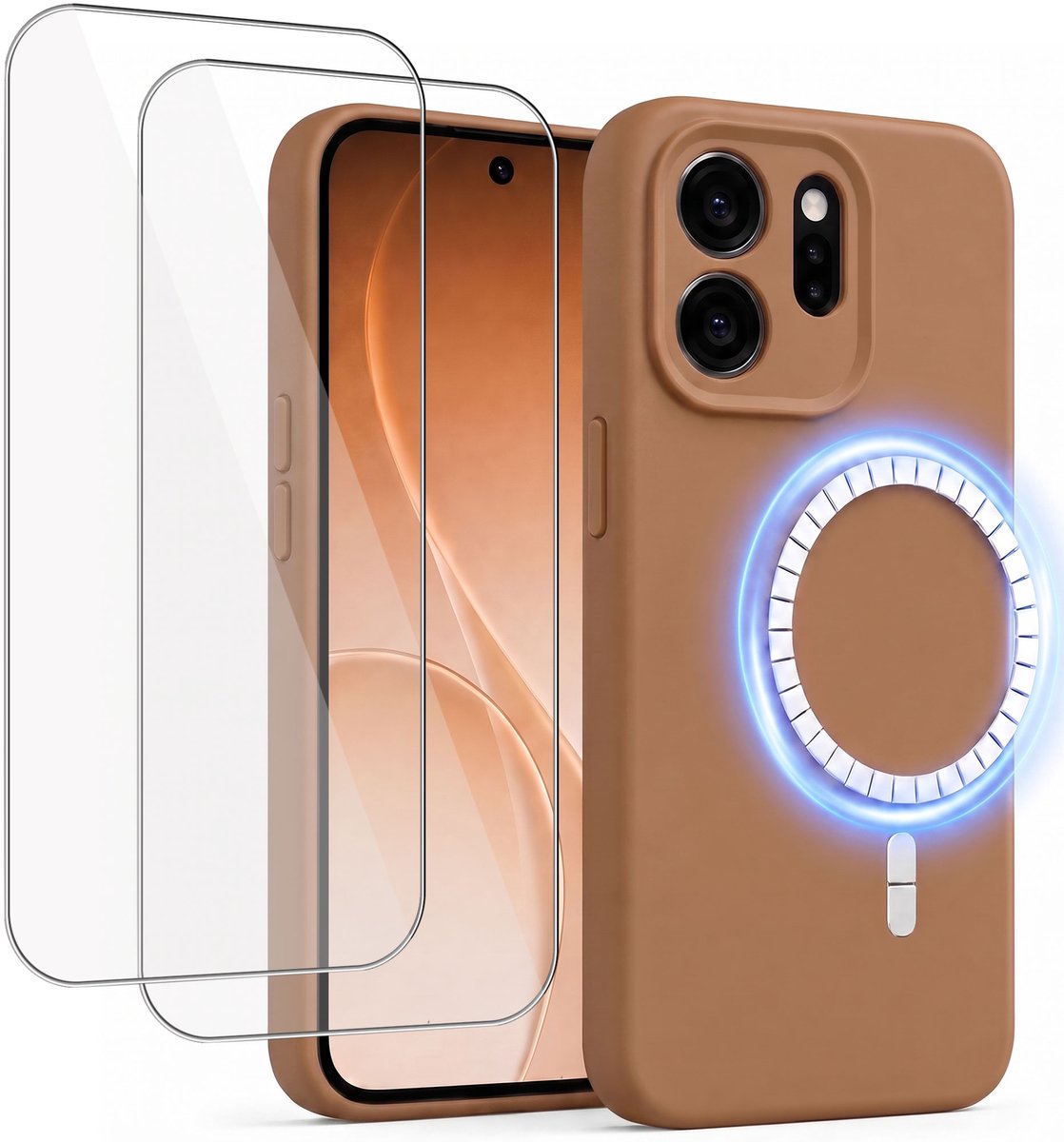 Hoesje + 2x Screenprotector geschikt voor Oppo Reno 15 Pro - Hoesje geschikt voor Magsafe - Draadloos opladen - Gehard Glas - Bruin
