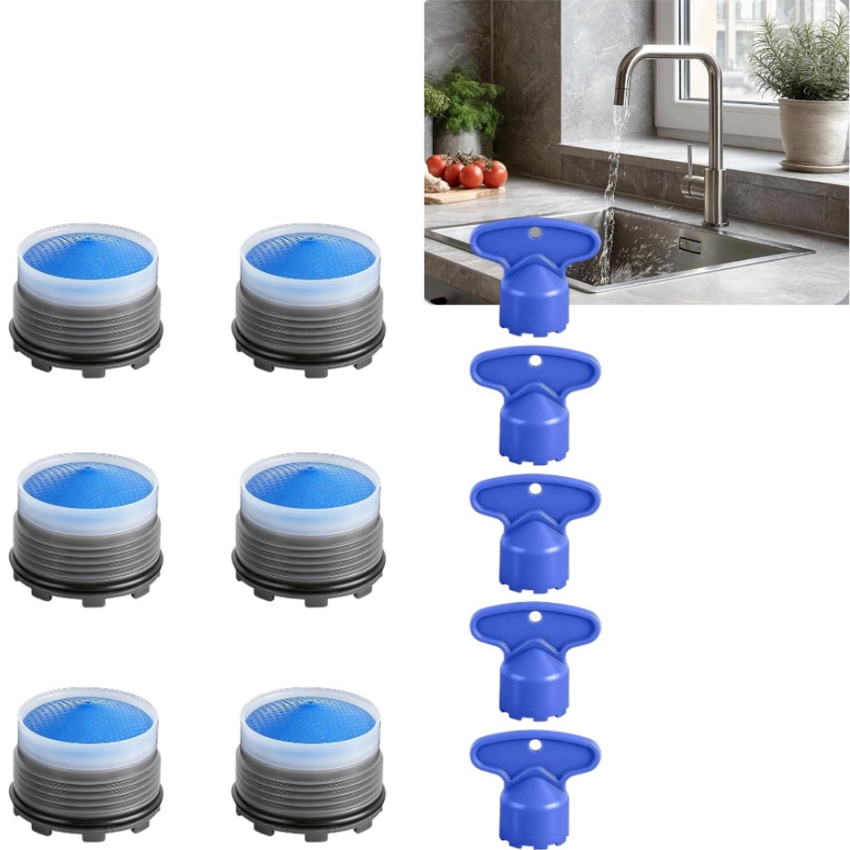 11-delige set met perlator voor wastafelkraan - Verstelbare uitloop - Waterbesparende tip voor kraan - Kraanfilter - 1,82 cm - Aanpassing en vervanging van keuken- en badkamerkraanuitloop - Blauw