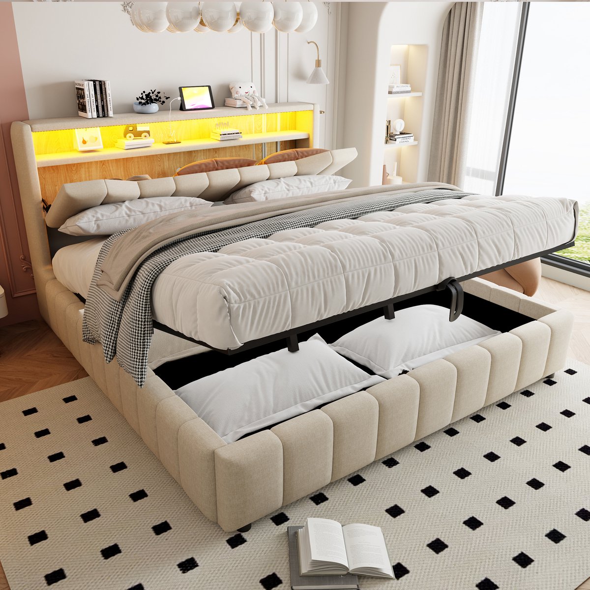 VVBV Bed met Opbergruimte 180x200 – Gestoffeerd Tweepersoonsbed van stof met Hydraulische Opbergruimte, Lades, Lattenbodem en Opberghoofdbord – Beige