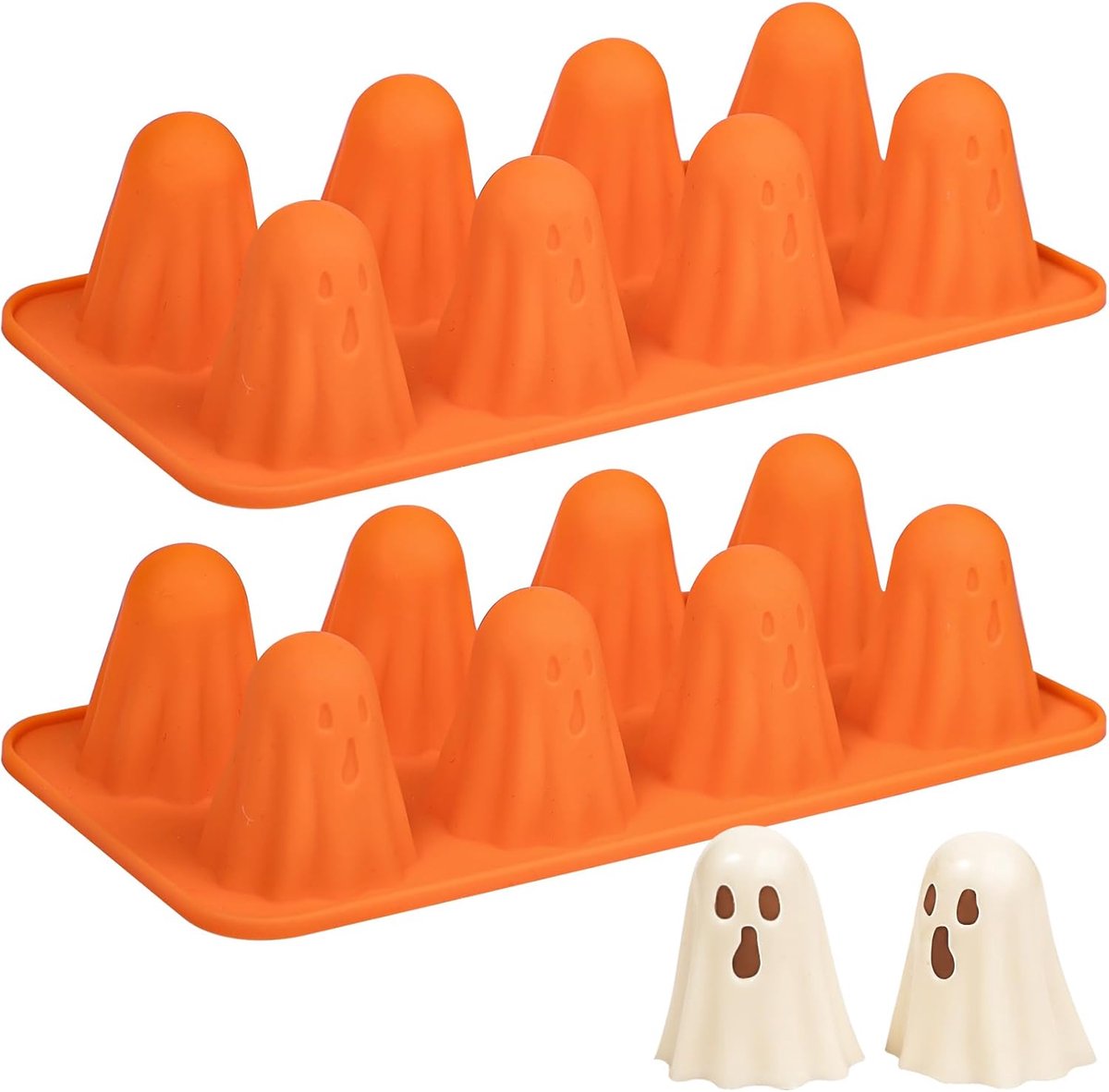 Halloween Siliconen Chocoladevormen – 2 Stuks – Oranje – Spookvorm – 8 Chocolaatjes per Vorm – Siliconen Bakvorm voor Chocolade, Snoep en Halloween Traktaties