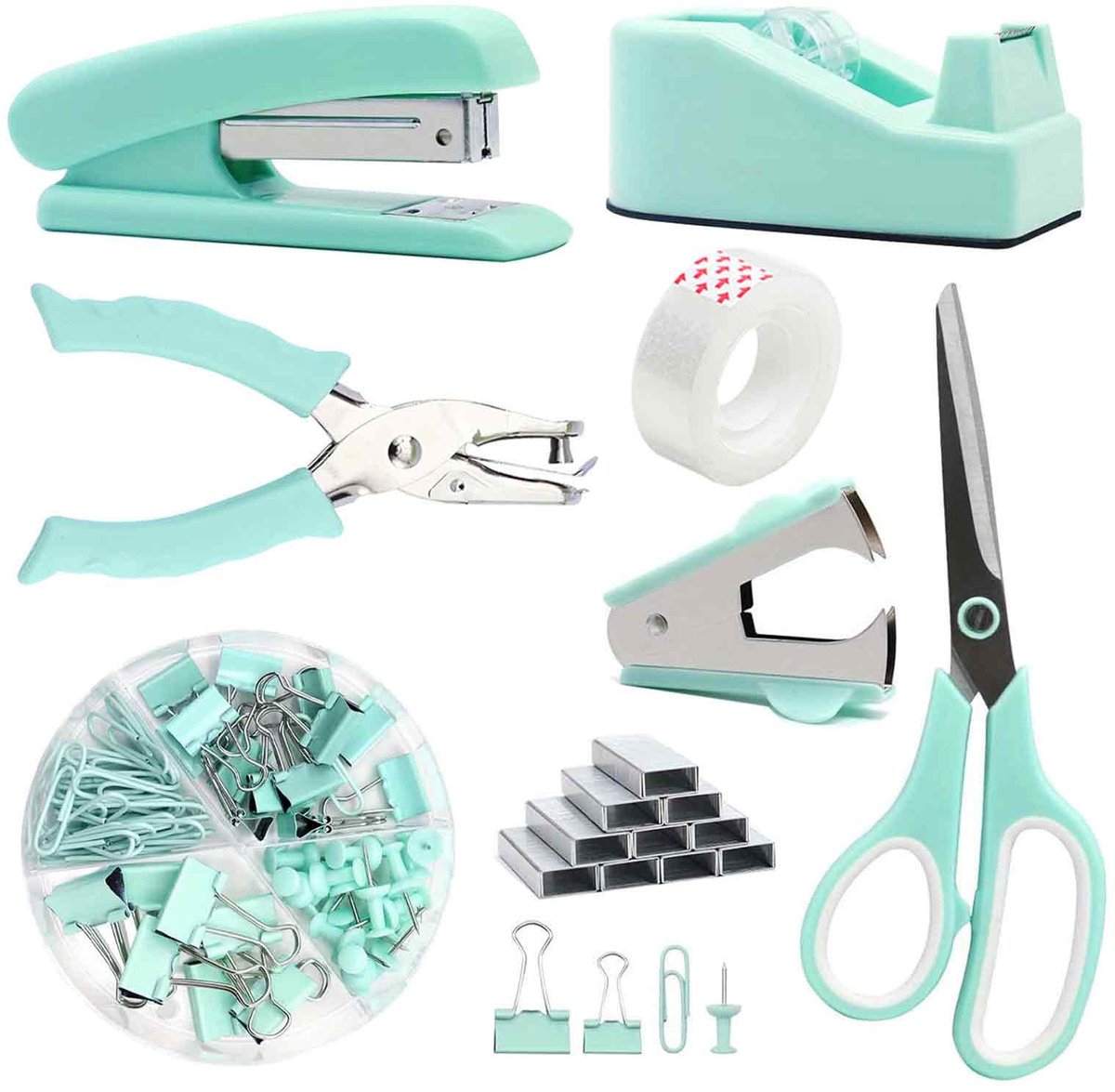 Bureauaccessoires Set - Set met Boekenlegger en Plakbandhouder - Inclusief Boekenleggers, Plakbandhouders, Pagina- en Papierclips, Nietjes, Perforator, Schaar en Etiketten - Cadeau voor Dames - groente