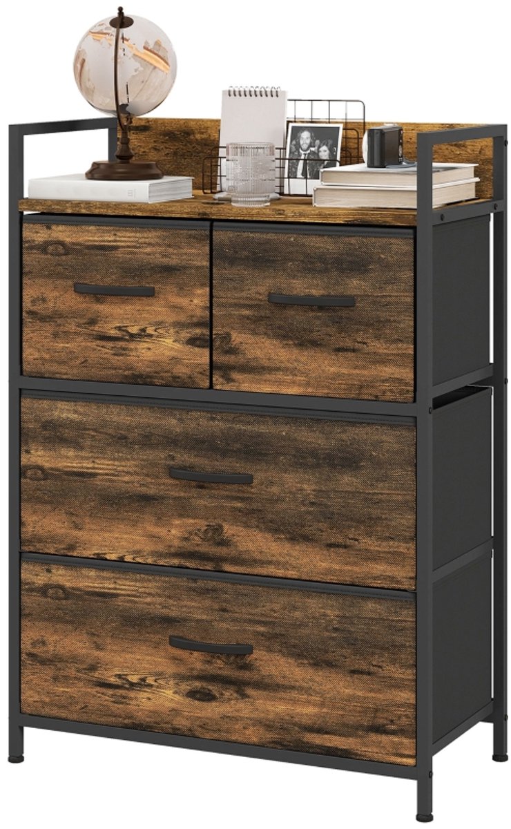 Clruro Ladekast - 60 x 29 x 85 cm - 4 Stoffen Laden - Industrieel - Staal - Bruin/Zwart