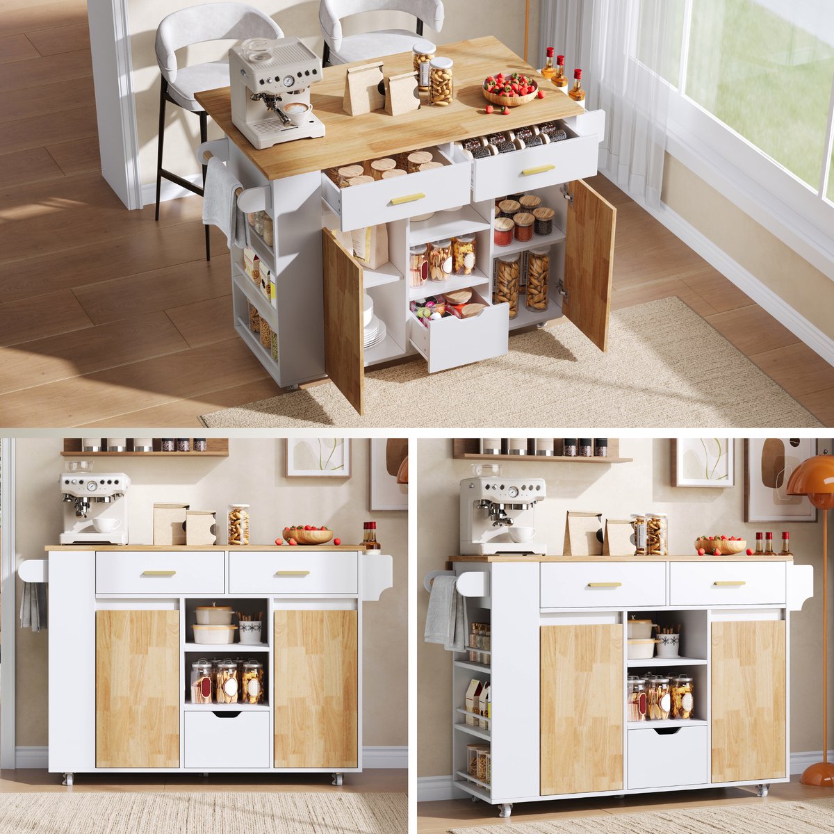 Clruro Keukeneiland - 120x45(71)x90 cm - met Klapblad, Kruidenrek en Vergrendelbare Wielen - MDF - Houtkleur