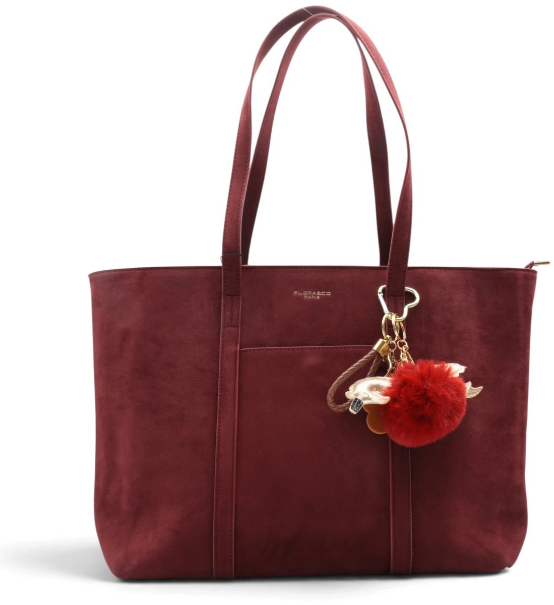 Flora&Co - SOLIS - suède look - grote handtas/tote bag met lange instelbare draagriem - bordeaux - geschikt voor A4 - ideaal voor school- of werktas
