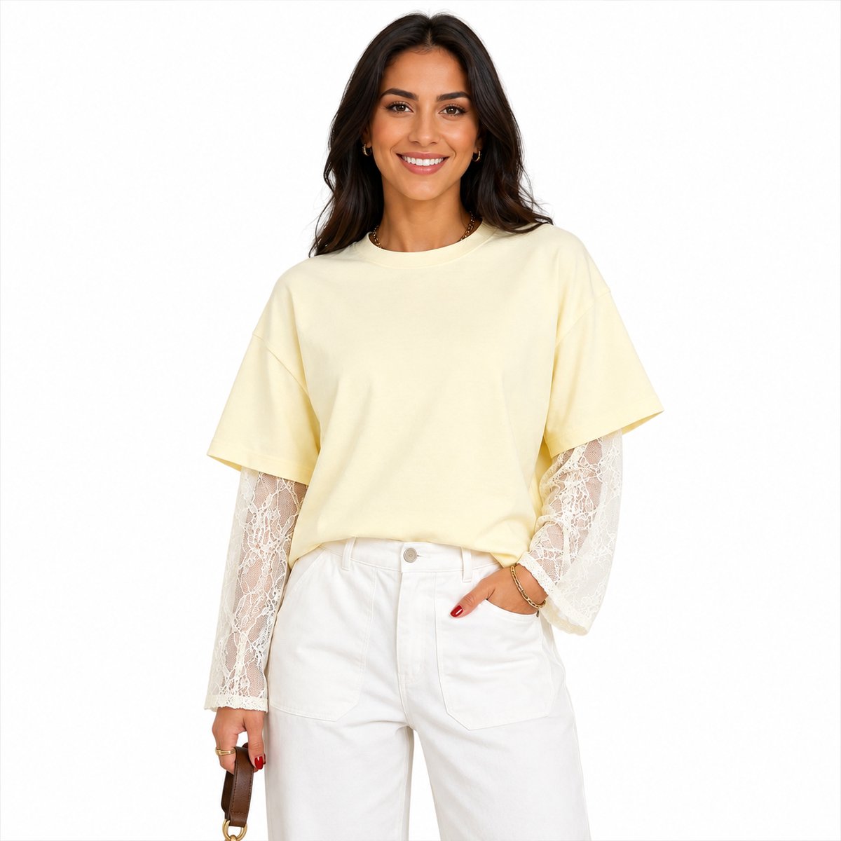 Geel Shirt met Lange Kanten Mouwen - Dames - Ronde Hals