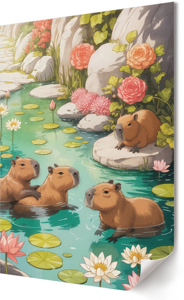 Coloray Polycanvas Wandposter - Capibara'S In De Vijver, Illustratie - 420 x 594 - Groen Illustratie - Rechthoek - Muurkunst - Woonkamer, Slaapkamer, Kantoor - Kinder