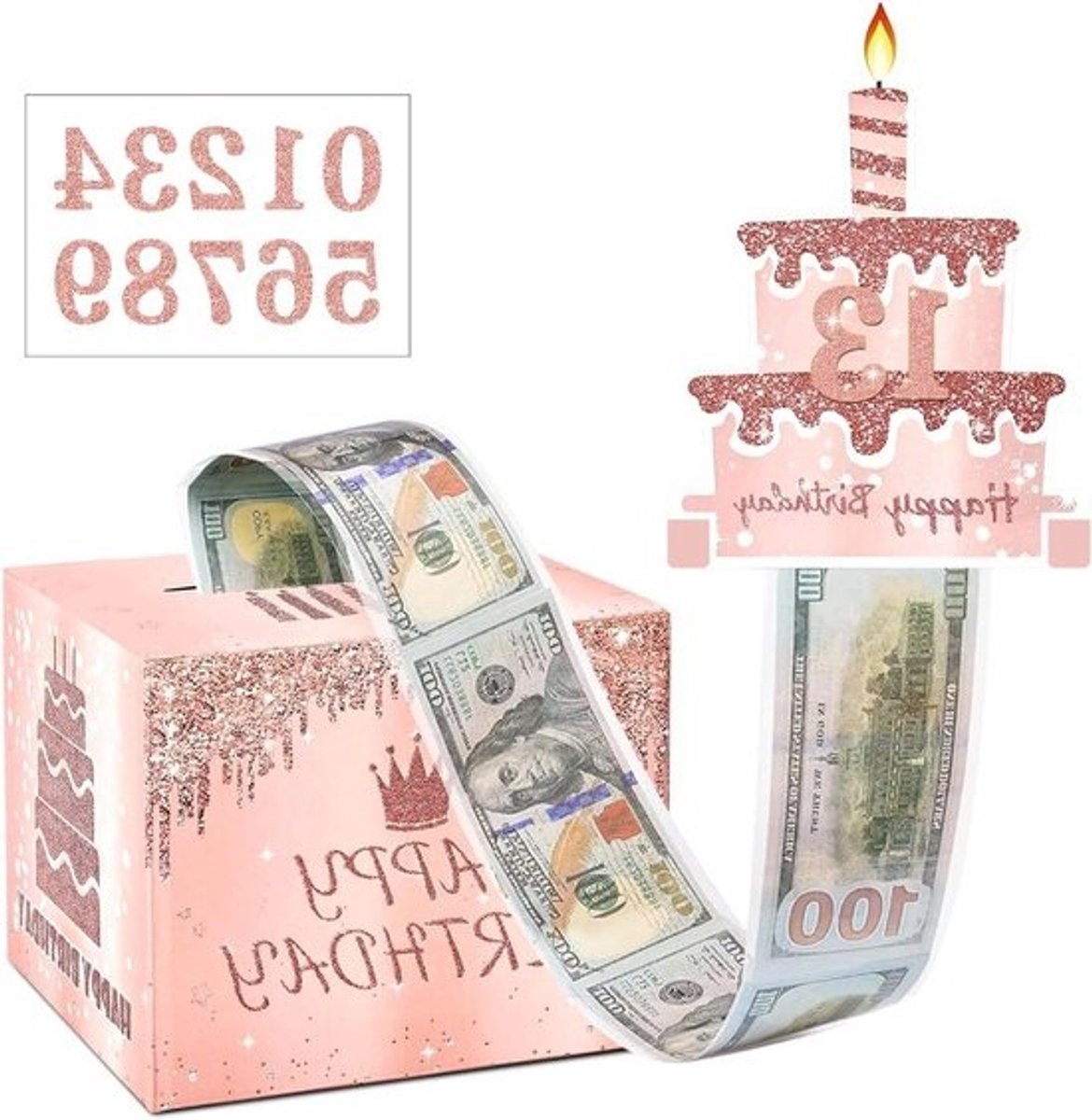 Spaarpot Verjaardag - Geldkistje Cadeau - Verrassen met Geld - Zelfklevende Stickers - 13x13x10.7 cm - Roségoud Roze