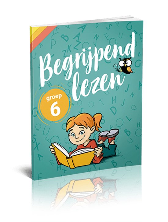 Boek 'Begrijpend lezen' voor groep 6, met een meisje dat leest. Achtergrond met letters en een uiltje.