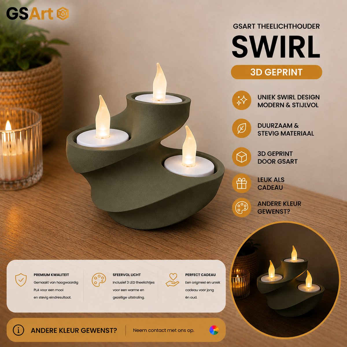 GSArt Theelichthouder Swirl – 3D Geprint – Inclusief 3 LED Theelichtjes - Mat Donkergroen