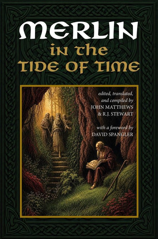 Boek "Merlin in the Tide of Time" met een scène van figuren op een trap en een man die leest.