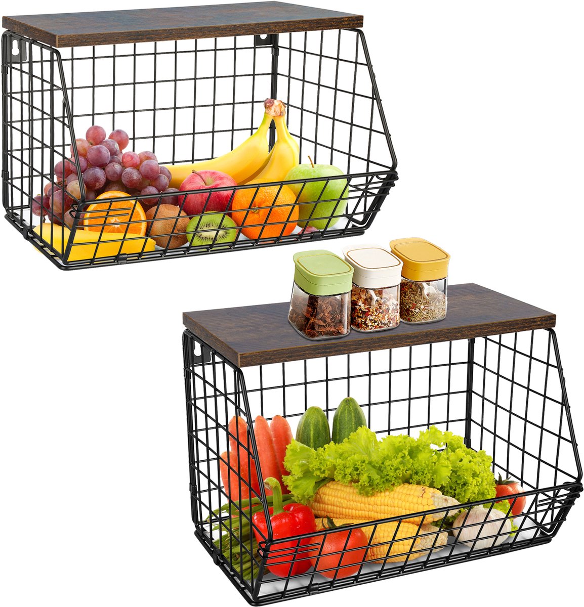 PIPIPOXER 2-Laags Fruitmand – Wandrek Keuken - met Houten Deksel - Metalen Fruitschaal - Opbergrek Wand - Keuken Organizer– Afneembare Fruitmand voor Fruit, Groente, Brood & Snacks - Stapelbaar, Ruimtebesparend - Zwart