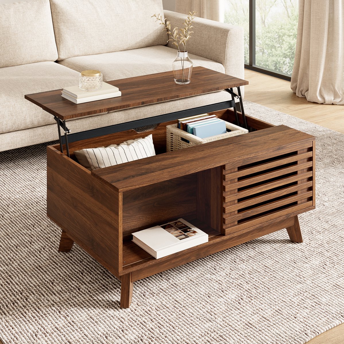 MODFU Salontafel - Modern Retro - Hoogte Instelbaar - Walnoot Look - MDF - Rechthoekig