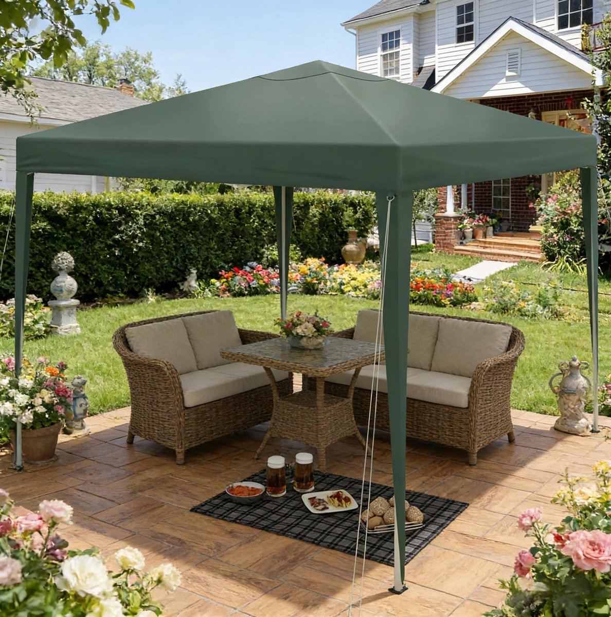 Wishdor Partytent - Easy-up en opvouwbaar - Hoogte verstelbaar - Groen - Waterdicht en zonwerend - Tuin terras balkon camping festival - 3 x 3 m