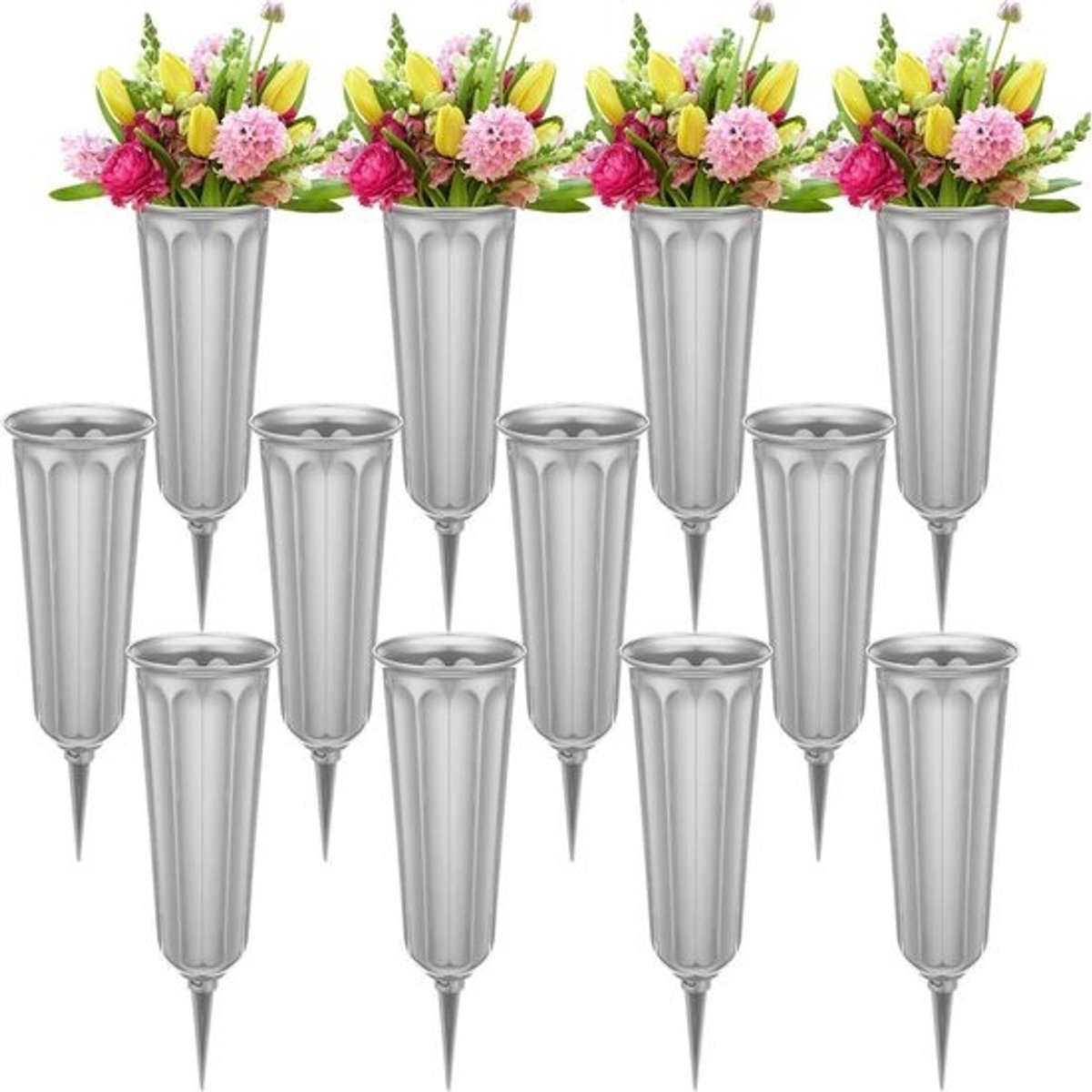 Begraafplaats Vazen - Graf Bloemenhouders - Bloemen Presenteren - Met Grond Pinnen - 12 Stuks - Grijs