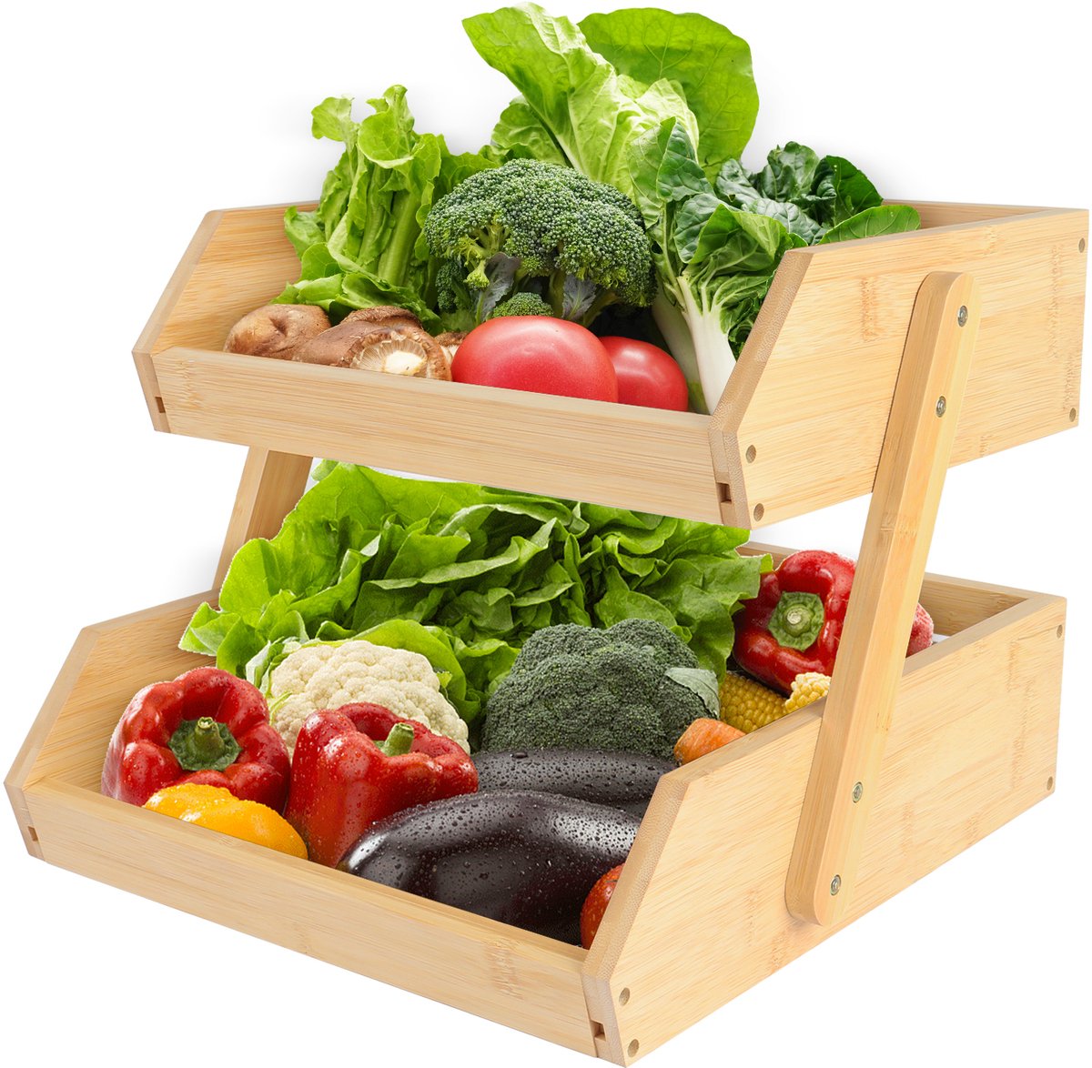 PIPIPOXER Fruitmand Bamboe 2 Laags - Rechthoek - Fruitmand - Fruitschaal - Fruitkistje - Bamboe Hout - Aanrecht Organizer - Keuken