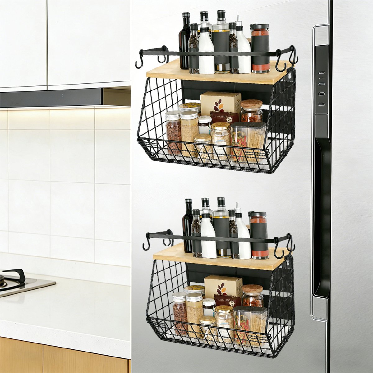 PIPIPOXER 2-Laags Fruitmand – Wandrek Keuken - met Houten Deksel - Metalen Fruitschaal - Opbergrek Wand - Keuken Organizer– Afneembare Fruitmand voor Fruit, Groente, Brood & Snacks - Stapelbaar, Ruimtebesparend