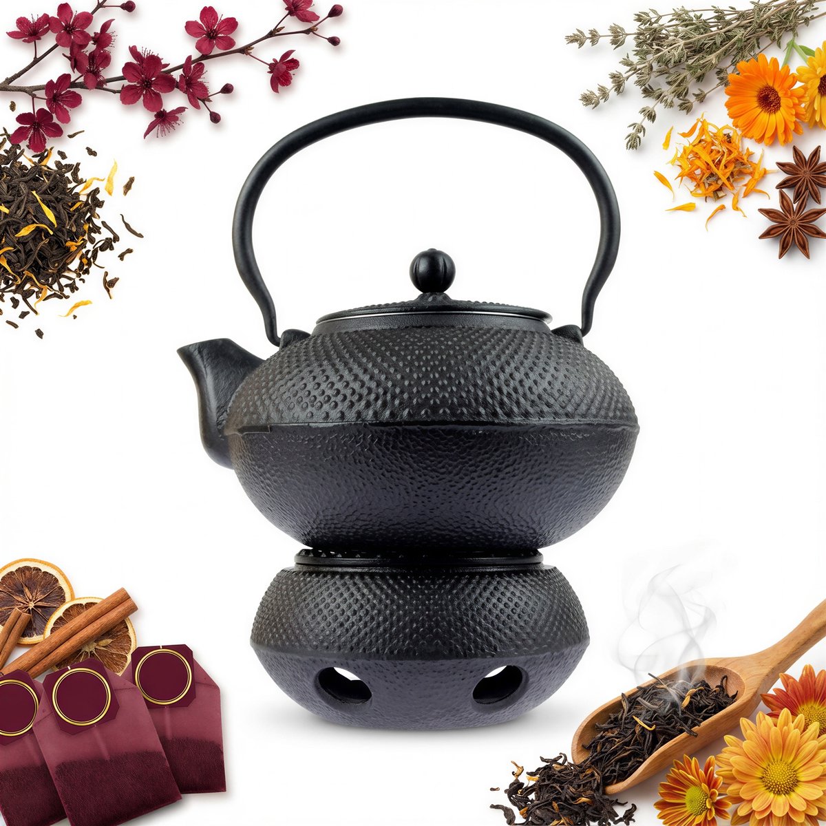 Gietijzeren Theepot met Warmer - 1.5L - Zwart