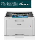 Witte Brother laserprinter met kleurlogo en tekst 'Offre à durée limitée : 6 mois d'essai gratuit Secopro'.