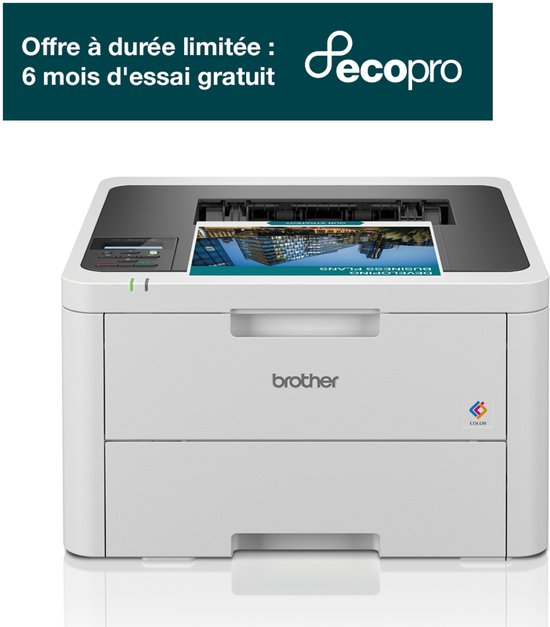 Witte Brother laserprinter met kleurlogo en tekst 'Offre à durée limitée : 6 mois d'essai gratuit Secopro'.