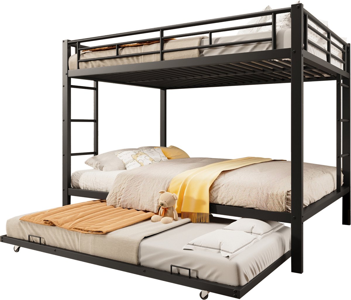 MUVANO Zwart metalen stapelbed 140x200 - Kinderbed met onderschuifbed - Ruimtebesparend - 140x200 cm - Uitschuifbaar - Slaapkamer Zwart