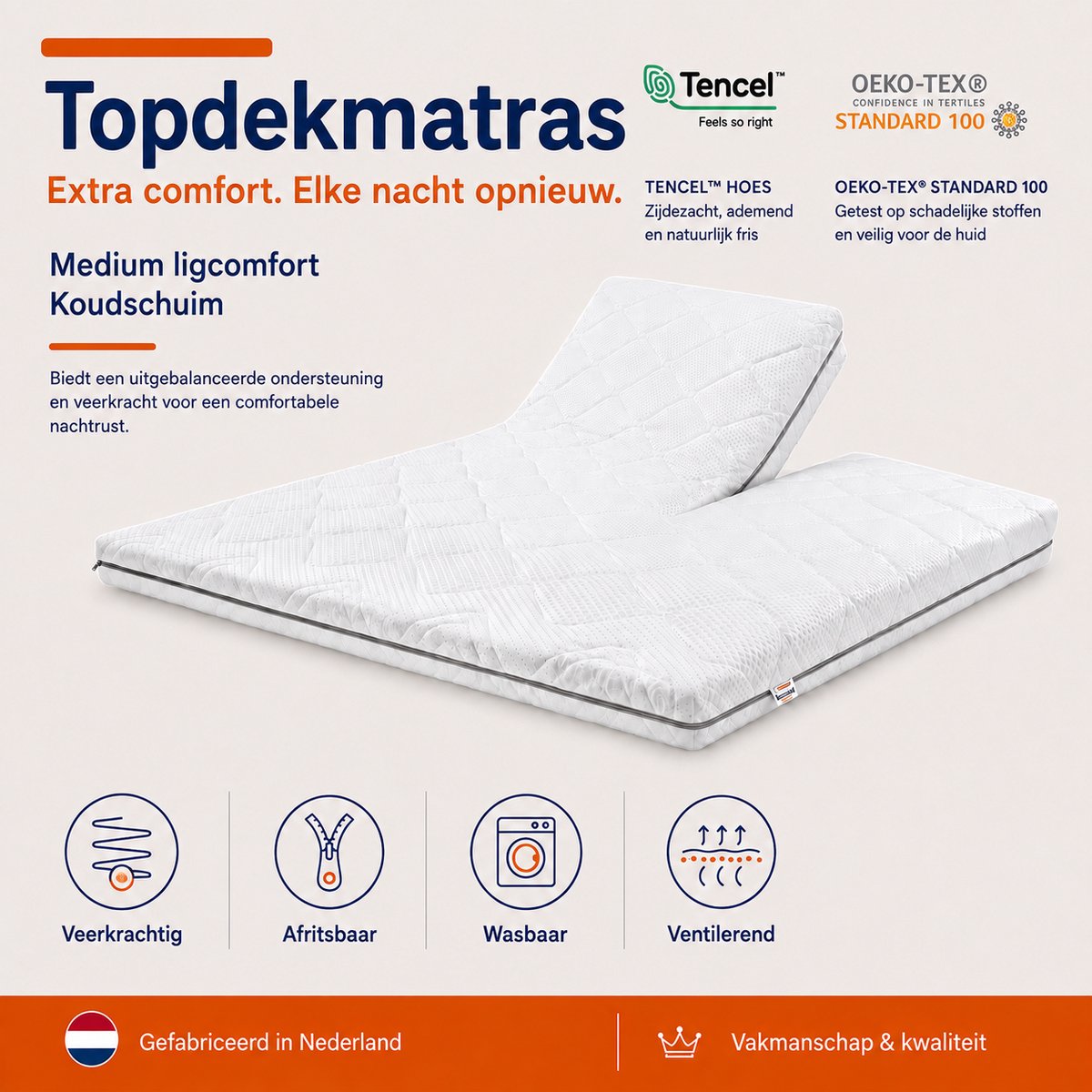 BestrestBedden - Splittopper 200x220cm - Koudschuim - Split Topdekmatras - 10cm dik - Hybridefoam - Tencel Hoes - OkoeTex - Wasbare Hoes - Medium hardheid