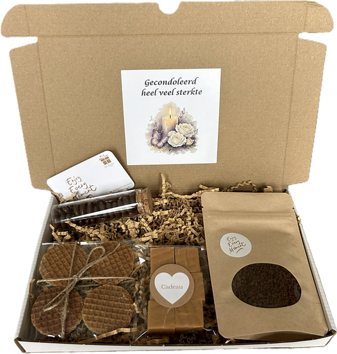 Gecondoleerd koffie brievenbus cadeau - fudge - chocolade mokkaboontjes - stroopwafels