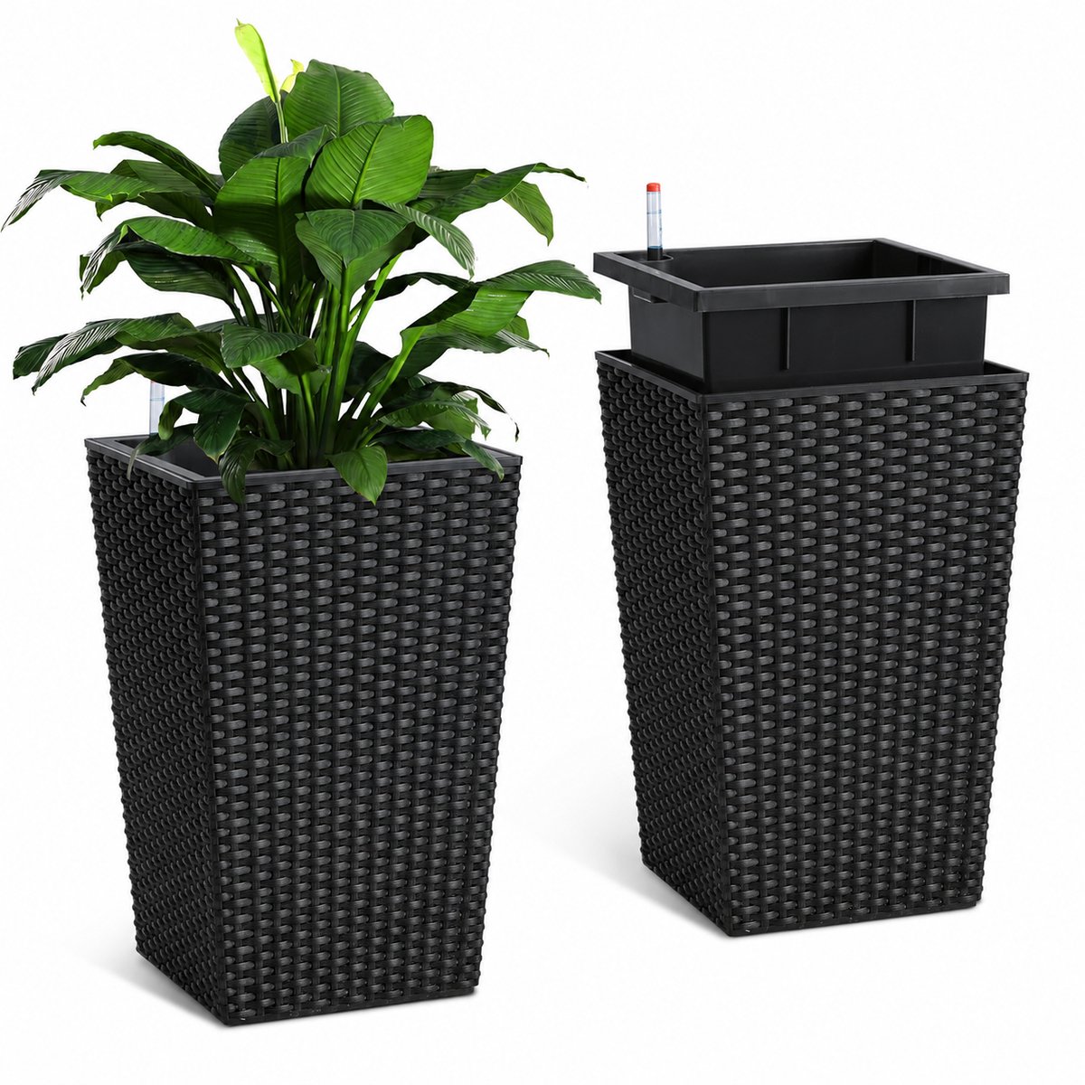 Nyoz zelfwatergevende bloempotten - Plantenbakken - Plantenpot - Set van 2 - Waterreservoir - Waterniveaumeter - Rotan patroon