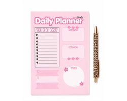 Daily Planner A5 met Luipaard Pen – Roze Dagplanner – To Do List, Self-Care & Prioriteiten – 50 Vellen