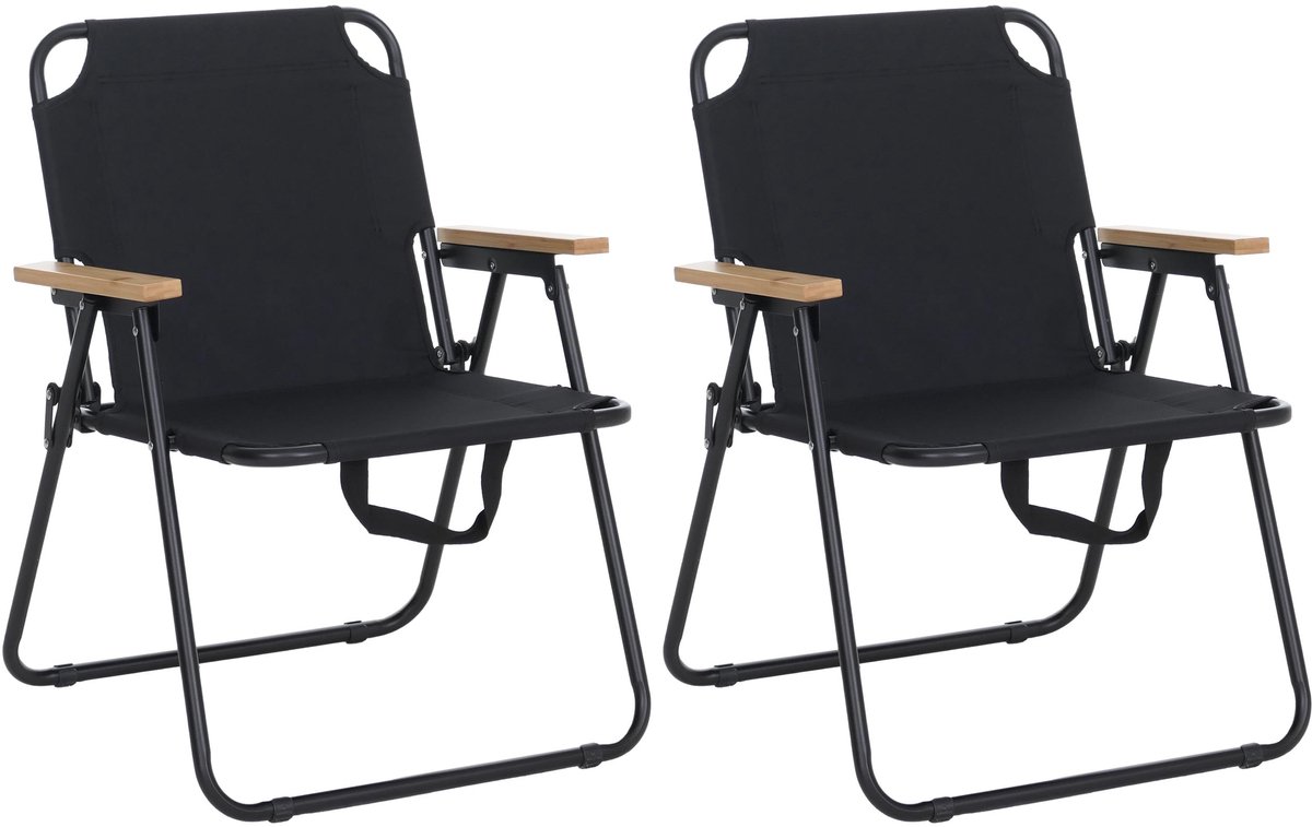 Set van 2 campingstoelen MCW-Q43, tuinstoel, balkonstoel, vrijetijdsstoel, opvouwbaar, bamboe, metaal, stof/textiel ~ zwart
