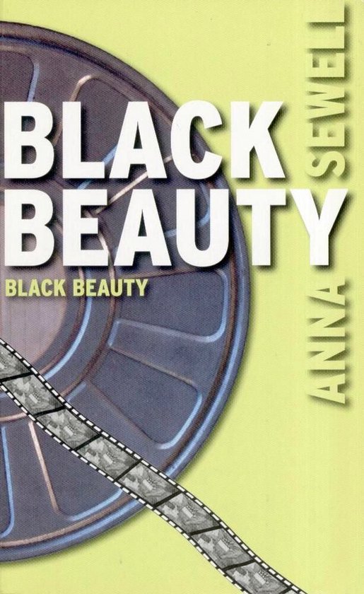 Boekomslag met grote letters 'BLACK BEAUTY' en filmrol.