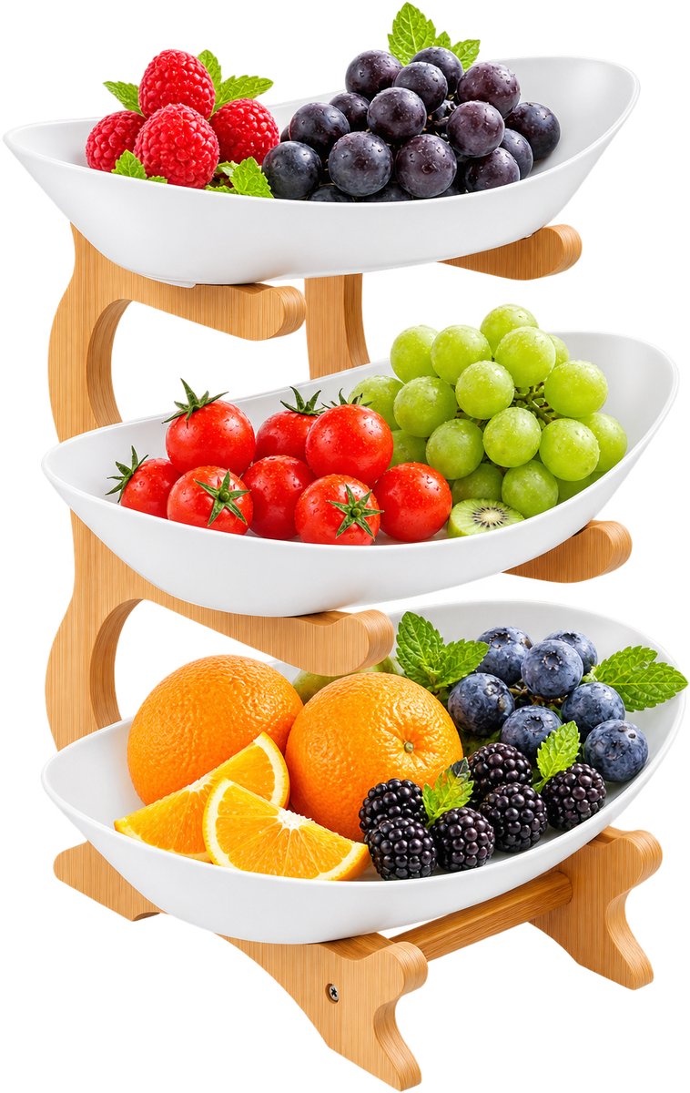 Veya fruitschaal - 3 laags - Fruitschaal etagere - Hout - Bamboehouten standaard - Wit - Antislip - Ruimtebesparend ontwerp