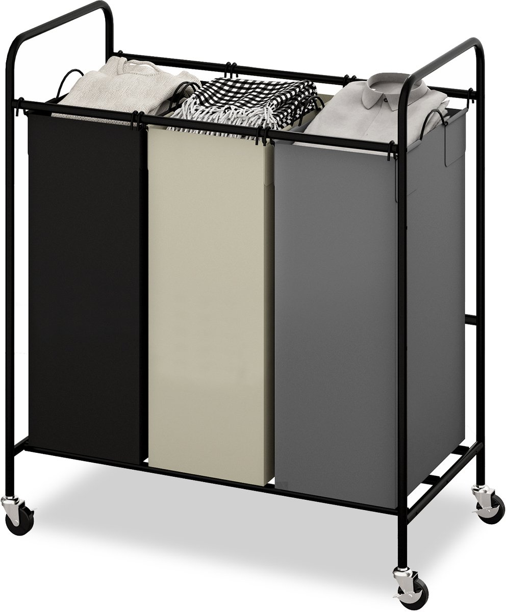 Triumpunpre - 3‑Vaks Wasgoed Sorteerwagen - Zware Metalen Wasmand met Afneembare Waterdichte Zakken - Vergrendelbare Wielen - Mobiele Kleding Opbergwagen voor Slaapkamer en Badkamer