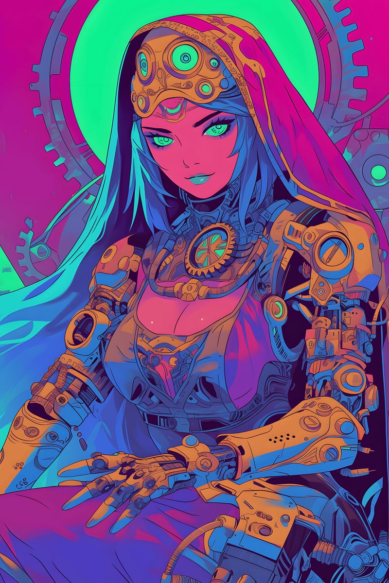 Neon Biomech Prinses Poster - Futuristische Kunst - Neonkleuren - Sci-Fi Thema - Fantasiefiguur - Moderne Decoratie - posters - formaat 30x40cm - Wanddecoratie - XS2307MT