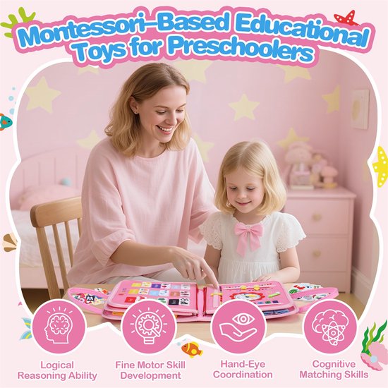 Busy Board - Montessori Speelgoed - Activiteitenboek - Busy Book - Sensorisch Speelgoed - Educatief Speelgoed - Reisspeelgoed - Fijne Motoriek - Cadeaus voor meisjes - Peuter Speelgoed - Voor in de auto - Voor onderweg - Roze — afbeelding 2