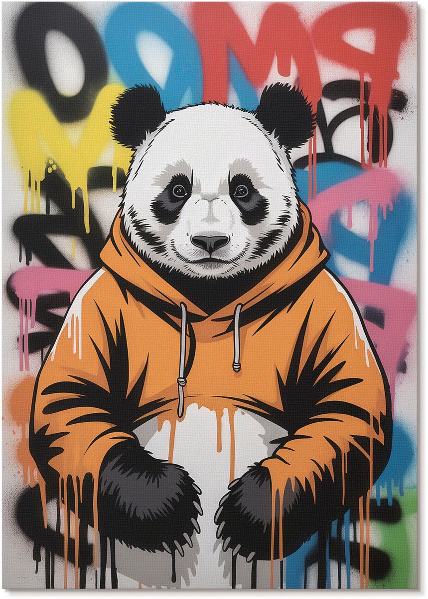 Tulup Polycanvas Wandposter - Panda Graffiti, Illustratie - A4 - Oranje Patroon - Rechthoek - Interieurdecoratie - Woonkamer, Slaapkamer, Kantoor - Popcultuur