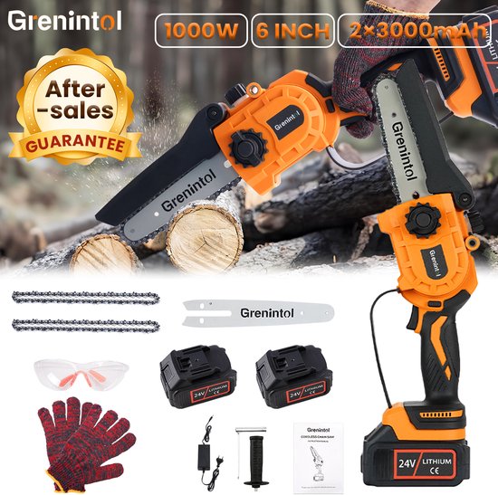 Grenintol Mini Kettingzaag - Snoeizaag - 6 inch - Kettingzaag - Snoeizaag voor Takken en Hout - Draadloze Elektrische Kettingzaag - 24V 6000mAh - Handzaag - Brushless Motor - Automatische Kettingsmering - 2 Kettingen & Opbergkoffer — afbeelding 4