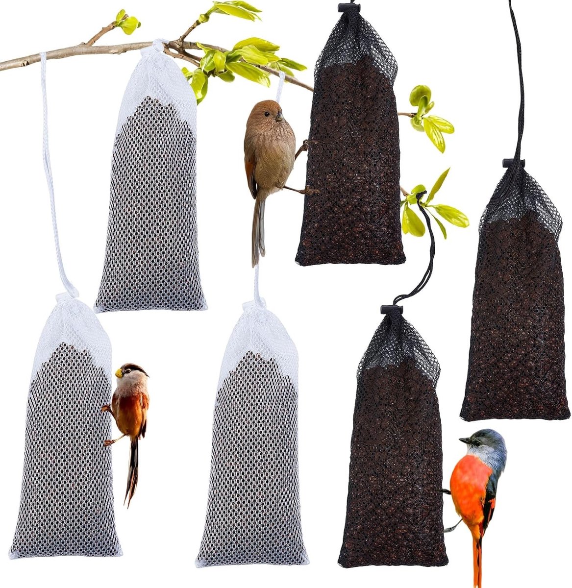 Set van 6 Voederdispensers voor Vinken met Pedestal en Thijmzaadzak voor Tuin en Vogelvoederplaatsen (13x28cm)