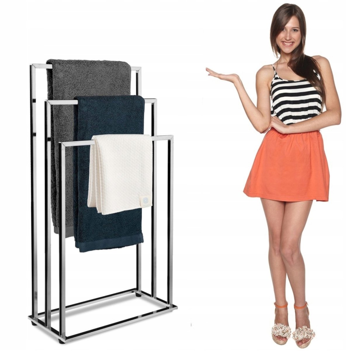 Vloerstaande Handdoekhouder Chroom - 3 Armige Badkamer Organizer