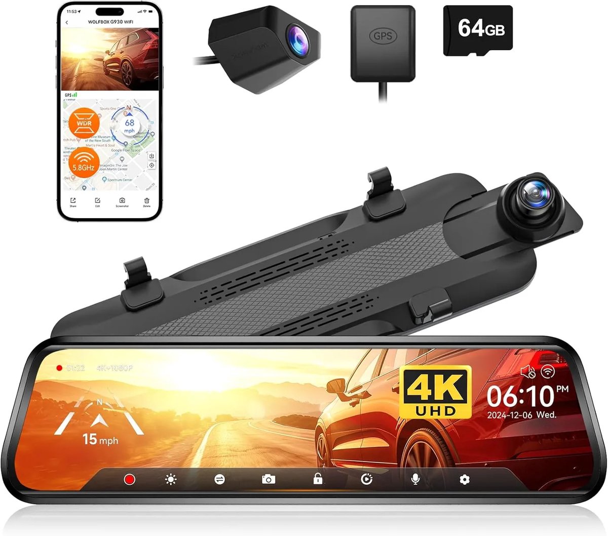 Dashcam achteruitkijkspiegel 4K met touchscreen, dubbele camera, WiFi, GPS en parkeermodus 64 GB kaart