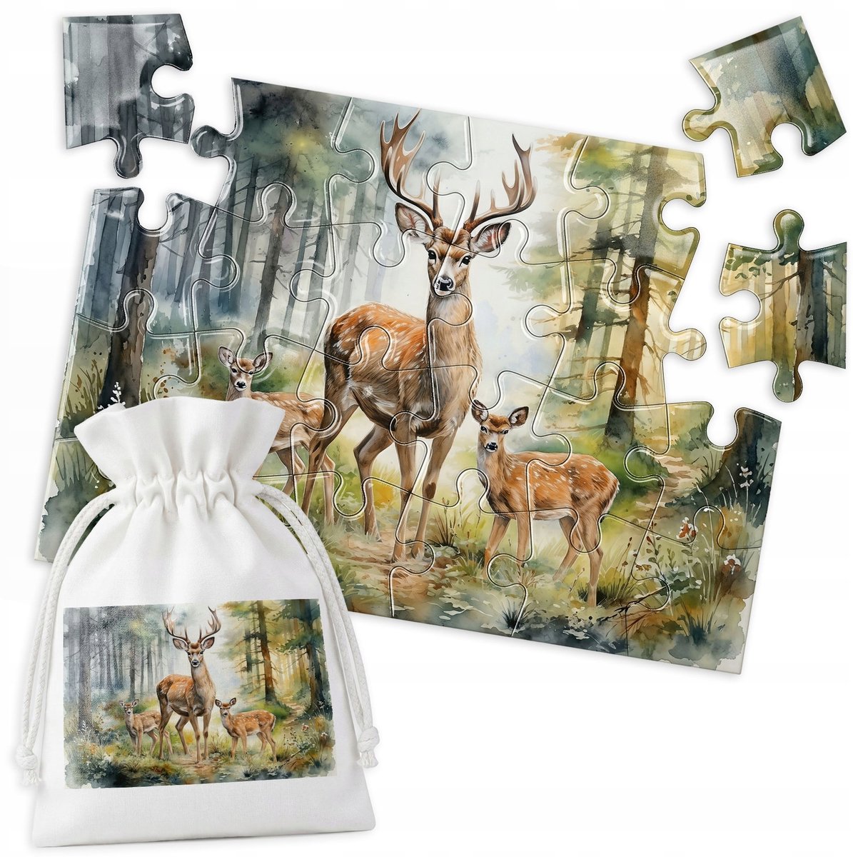 Acquarel Herten Puzzel - Bos, Takken, Groen - 24 stukjes