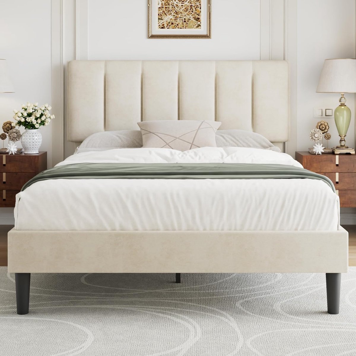 Bedframe 140x200 cm - Industrohome Luxe Ledikant met Verstelbare Fluweelen Hoofdeinde, Stevig Houten Lattenbodem, Geluidsarm en Eenvoudig te Monteren - Beige