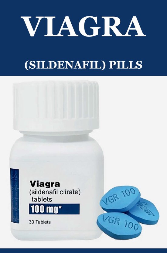 Flesje met 30 Viagra (sildenafil citrate) 100 mg tabletten, met drie blauwe Viagra pillen ernaast.