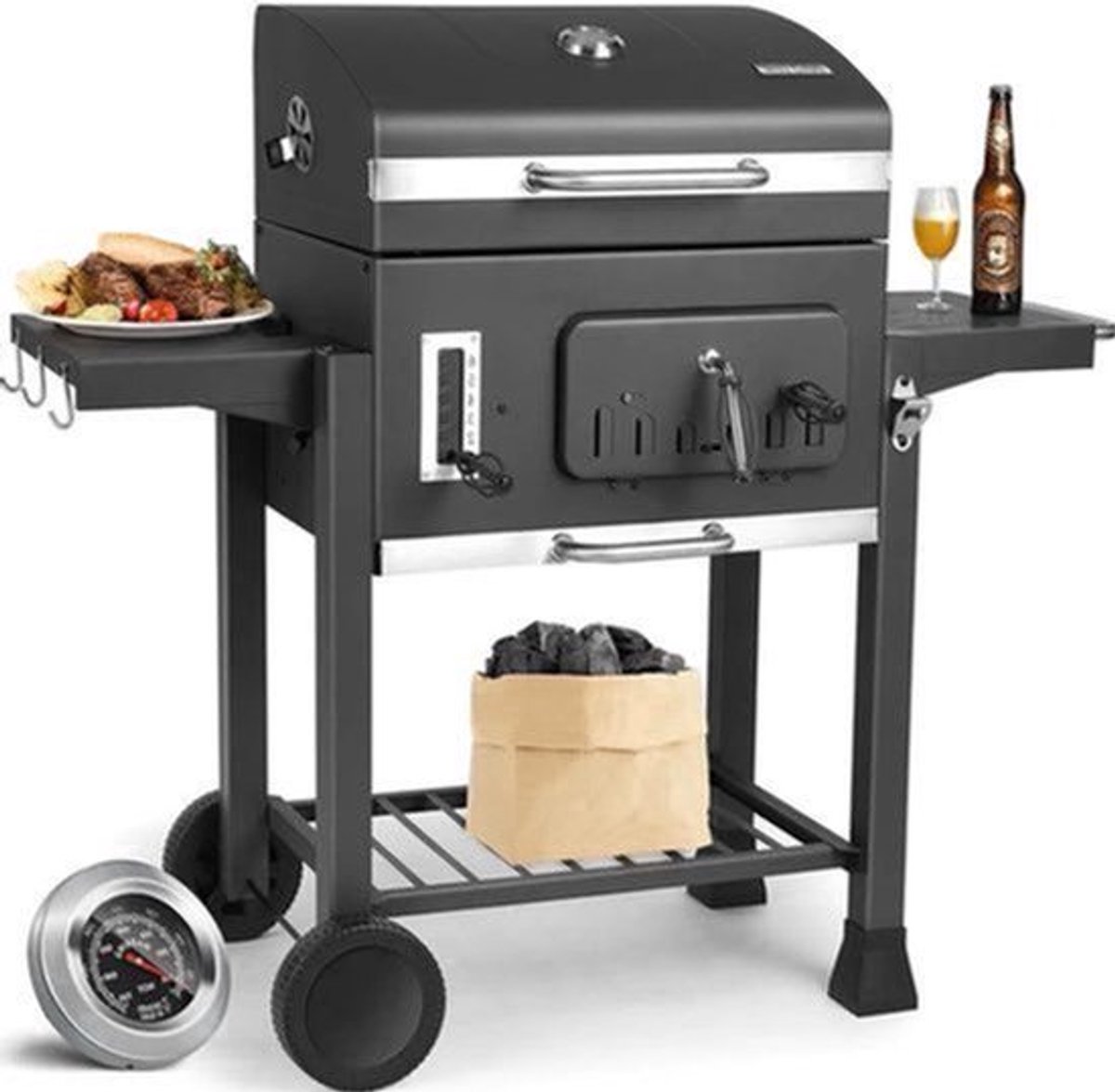 Houtskool Barbecue - XXL BBQ - Smoker Barbecue - Grilloppervlak - Houtskoollade - Opvouwbare Zijtafels - 130x137x49 cm - Zijpanelen - Grijs
