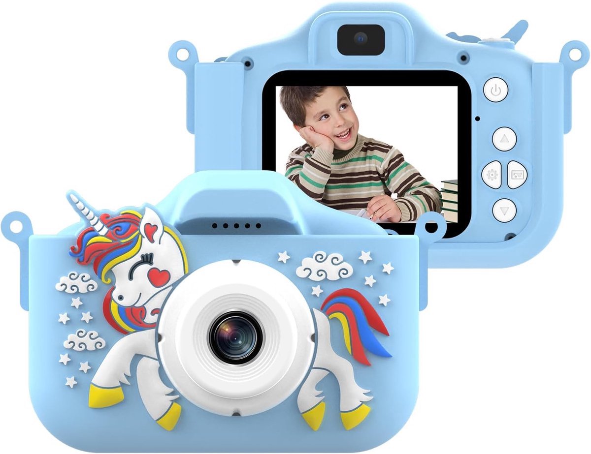 casalora - Kids digitale camera HD 1080p - kindercamera - Selfie Camera - Speelgoedcamera - Vlogcamera - 64GB sd kaart - Creatief Speelgoed - Vanaf 3 tot 12 Jaar - Blauwe Eenhoorn